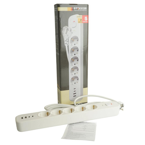 Сетевой фильтр 5-местный с/з Stekker 3x1мм2, 3 м, 250В, 16А, 2 USB-A+2 Type-C 3, серия Nova, белый 50103