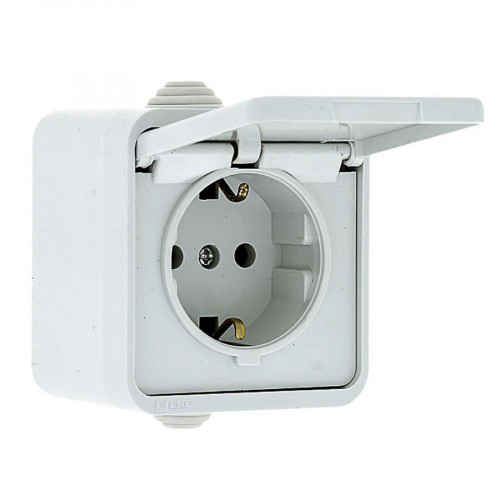 Прага Розетка 1-местная 16А с заземлением с крышкой IP44 белая EKF EKR16-029-10-44