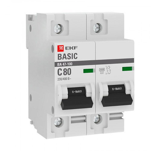 Автоматический выключатель 2P 80А (C) 10kA ВА 47-100 EKF Basic mcb47100-2-80C-bas