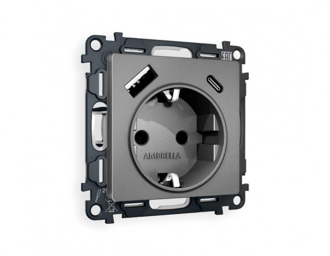 Комплект механизма электрической розетки AMBRELLA VOLT ALFA Антрацит серый 2USB A+C 20W (быстрая зарядка) с/з QUANT (AP6600, VM160) MA660010