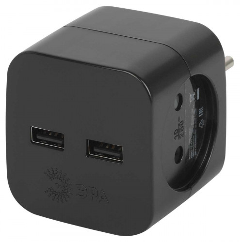Разветвитель электрический ЭРА SP-2-USB-B на 2 розетки + 2xUSB 2400mA без заземления 10А черный Б0049535