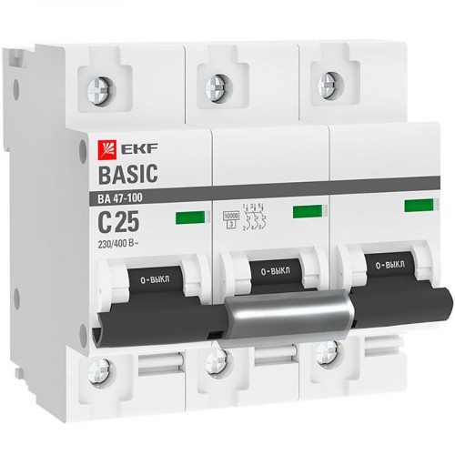 Автоматический выключатель 3P 25А (C) 10kA ВА 47-100 EKF Basic mcb47100-3-25C-bas