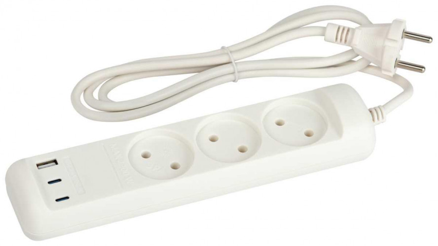 Удлинитель электрический ЭРА U-3-1,5m-USB-W 3 розетки + 3xUSB A+C 1,5м 10А белый Б0069075