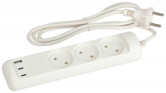 Удлинитель электрический ЭРА U-3-1,5m-USB-W 3 розетки + 3xUSB A+C 1,5м 10А белый Б0069075