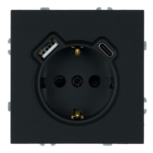 Розетка 1-местная з/ш с/з 16А + USB + Type C (механизм), Stekker, 250В, 20W Эмили, черный уголь, soft-touch, RST16-5119-05 50218