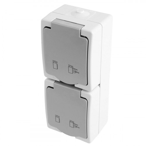 Розетка 2-местная с крышкой с/з STEKKER PST16-22-54V, пластик АВS, 250В, 16А, IP54, белый/серый 49737