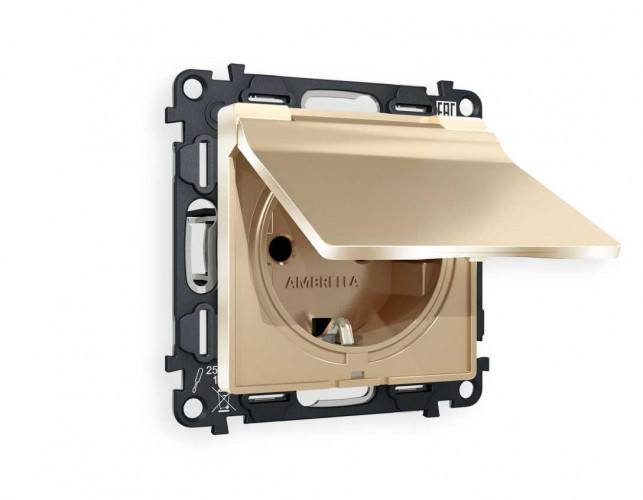 Комплект механизма электрической розетки AMBRELLA VOLT ALFA Шампань с/з с шторками и крышкой IP44 QUANT (AP6080, VM141) MA608010