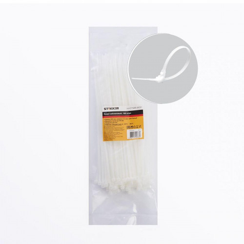 Хомут нейлоновый Stekker NYCT25-200 2,5x200 мм, d пучка max 50 мм, нагрузка 8 кг, белый 32775