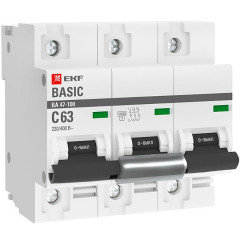 Автоматический выключатель 3P 63А (C) 10kA ВА 47-100 EKF Basic mcb47100-3-63C-bas