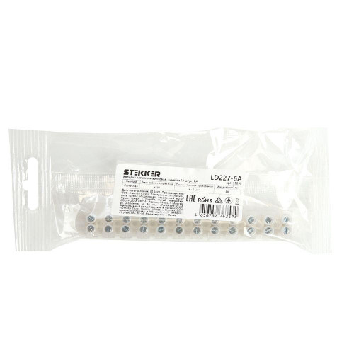 Колодка клеммная винтовая Stekker, линейка 12 штук, полиэтилен, LD227-6A DIY 39899