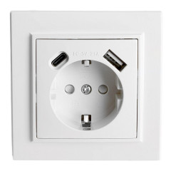 Розетка 1-местная Stekker, PST16-9016-01, 250В, 2.1А с USB+ type C Эрна, белый 50076