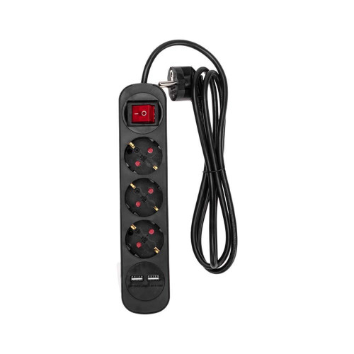 Удлинитель STANDARD 3 гнезда, 1,5м, 3х1,0мм², с/з, с выключателем, 2 USB, черный REXANT 13-4021