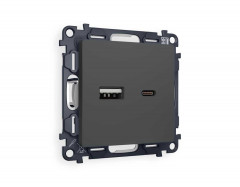 Комплект механизма розетки AMBRELLA VOLT ALFA Графит мягкое касание 2USB A+C 20W (быстрая зарядка) QUANT (AP9110, VM177) MA911010