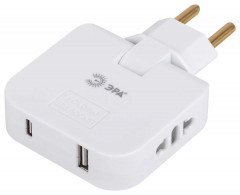 Разветвитель электрический ЭРА SPF-2-FL-USBC поворотный на 2 розетки + 2USB A+C 10А белый Б0069090