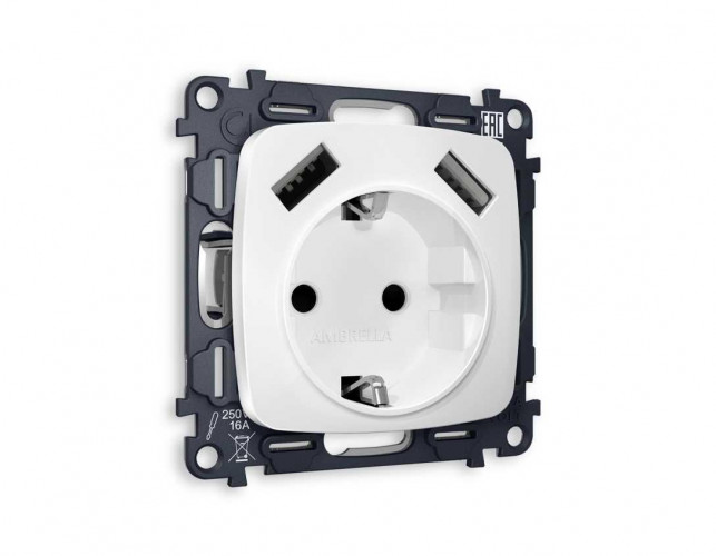 Комплект механизма электрической розетки AMBRELLA VOLT OMEGA Белый матовый 2USB A+A 18W (быстрая зарядка) с/з QUANT (OP1290, VM155) MO129010