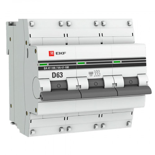 Автоматический выключатель 3P 63А (D) 10kA ВА 47-100 EKF PROxima mcb47100-3-63D-pro