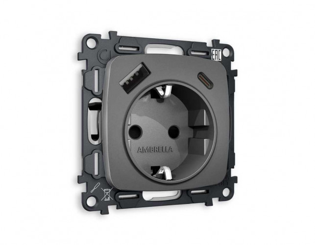 Комплект механизма электрической розетки AMBRELLA VOLT OMEGA Антрацит серый 2USB A+C 20W (быстрая зарядка) с/з QUANT (OP6600, VM160) MO660010