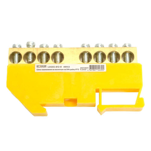 Шина "PE" Stekker на изоляторе 8*12 на DIN-рейку 8 выводов, желтый, LD555-812-8 49553