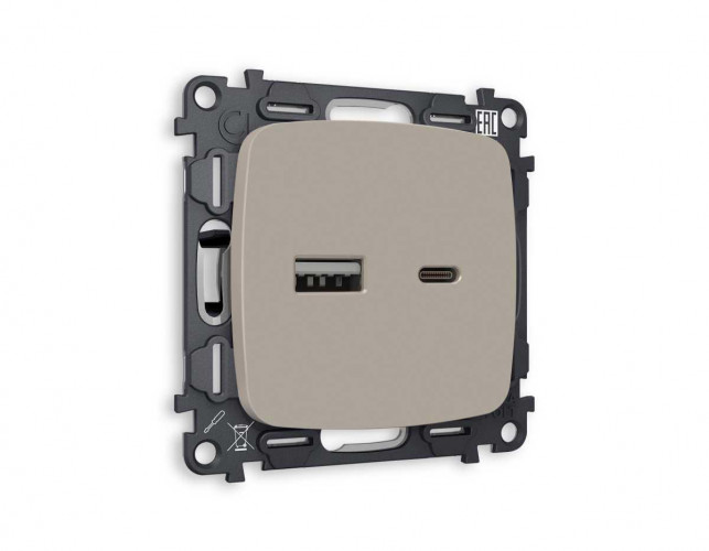Комплект механизма розетки AMBRELLA VOLT OMEGA Серо-бежевый матовый 2USB A+C 20W (быстрая зарядка) QUANT (OP3710, VM177) MO371010