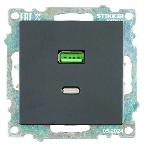 Розетка 2-местная USB + type C (механизм), STEKKER GLS10-7116-05, 250B, 3А, серия Катрин, черный 50055