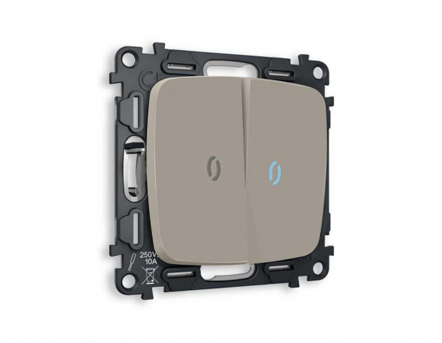 Комплект механизма 2-кл проходного выключателя AMBRELLA VOLT с подсветкой 10000K OMEGA Серо-бежевый матовый QUANT (OP3640, VM120, G29B) MO364040